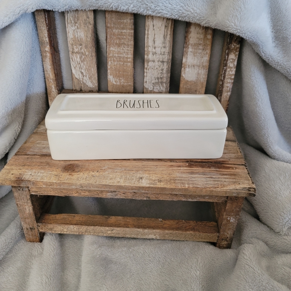 Rae Dunn Cream Ceramic 'BRUSHES' Storage Box - Picture 2 of 5